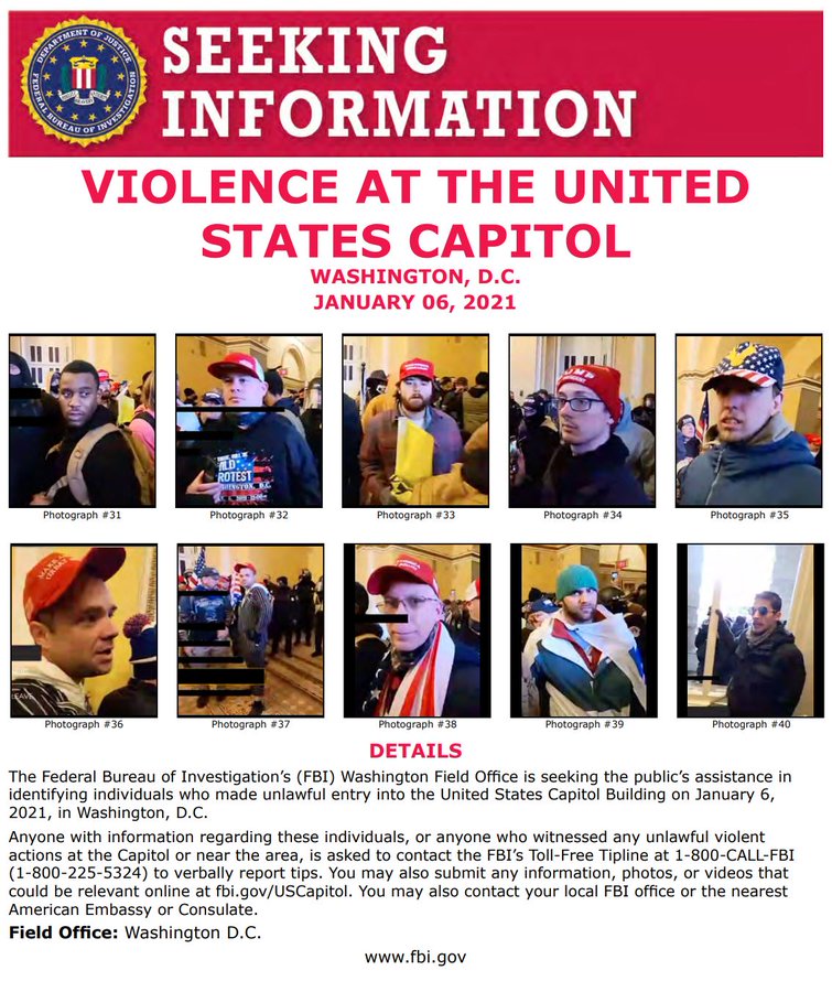 #FBIWFO is seeking the public's assistance in identifying those who made unlawful entry into U.S. Capitol Building on Jan. 6. If you witnessed unlawful violent actions contact the #FBI at 1-800-CALL-FBI or submit photos/videos at fbi.gov/USCapitol.