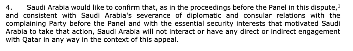 However, Saudi gov. also confirm they will only "provide an update directly to the WTO" & stand by clause four in their appeal stating they will not engage with Qatar. This shows, despite open borders, how long it may take for diplomatic relations (or just interactions) to occur.