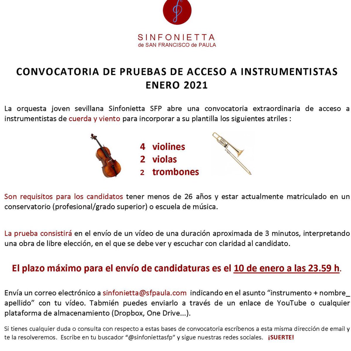 Convocatoria para audiciones de la Simfonietta San Francisco de Paula. Feliz año!