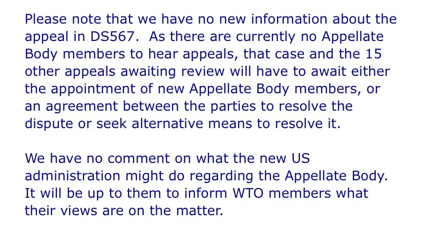 WTO have also provided me with a statement confirming the appeal is in limbo & that Saudi gov. have provided no further information or documentation since July 2020. They await instruction from the Biden administration on how the gridlock, for 16 appeal cases, might be resolved.