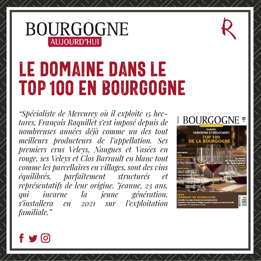 Le magazine Bourgogne Aujourd'hui intègre notre domaine dans le top 100 de la Bourgogne.
---
#Mercurey #DomaineRaquillet #VinsdeBourgogne #BourgogneAujourdhui