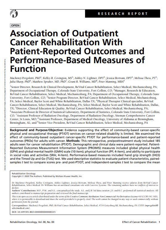 BIG NEWS - New research study by <a href="/mpergolottiPhD/">Mackenzi Pergolotti PhD OTR/L</a> and colleagues shows ReVital Cancer Rehabilitation  physical and occupational therapy benefits survivors across the cancer continuum. journals.lww.com/rehabonc/Abstr…