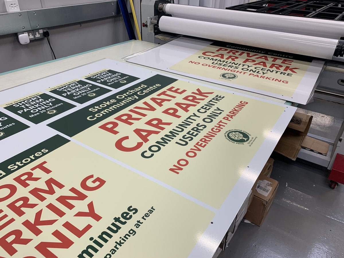 Hot off the laminator are these weather proof external signs printed onto 3mm Dibond (aluminum composite), ready to be drilled and trimmed to size on our flatbed plotting cutter. #print #signs