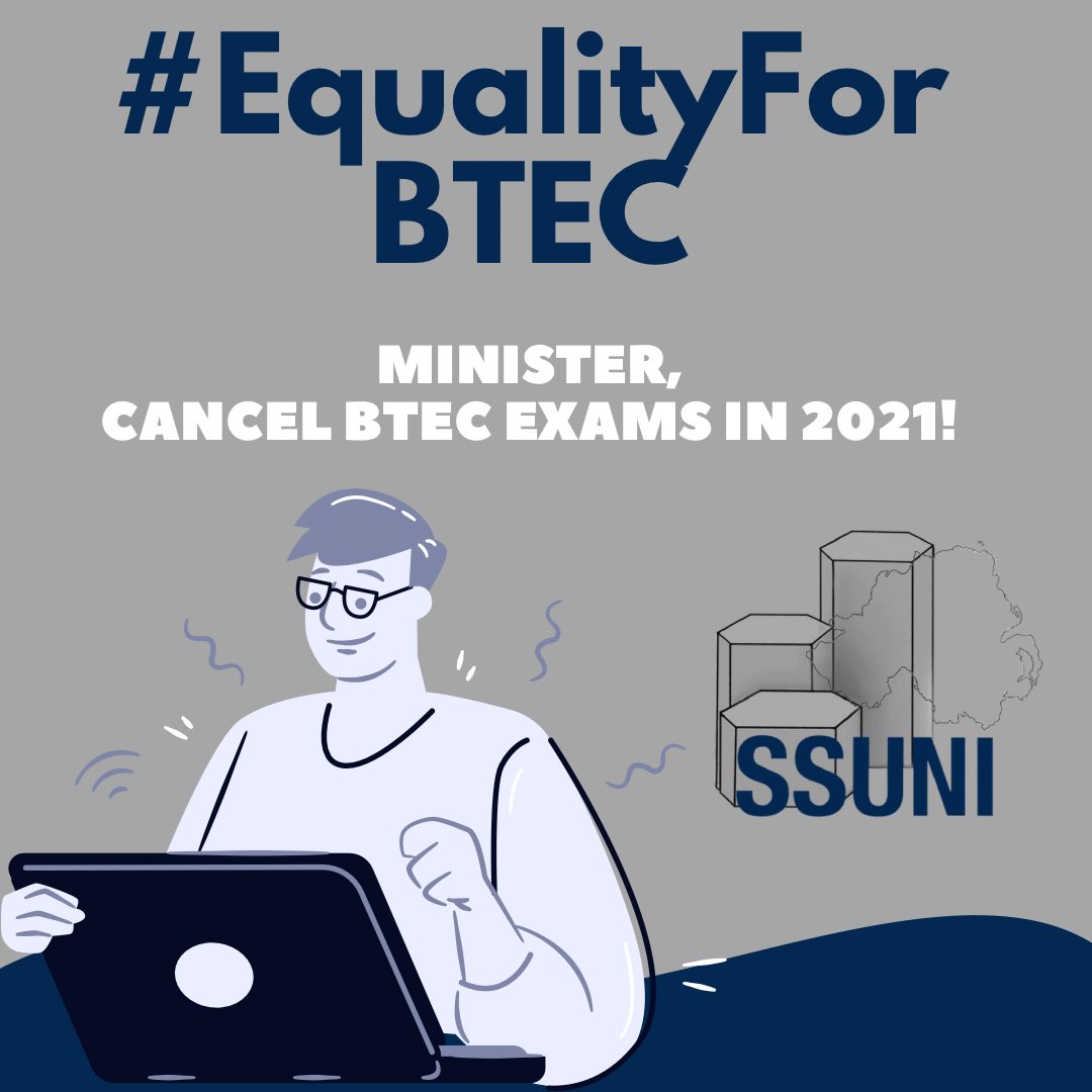 SSUofNI's tweet photo. SSUNI has written to Economy Minister Diane Dodds calling for #EqualityForBTEC.

If A Level exams are cancelled BTEC exams must be too!

#EqualityForBTEC https://t.co/H9dyY1IZ2M