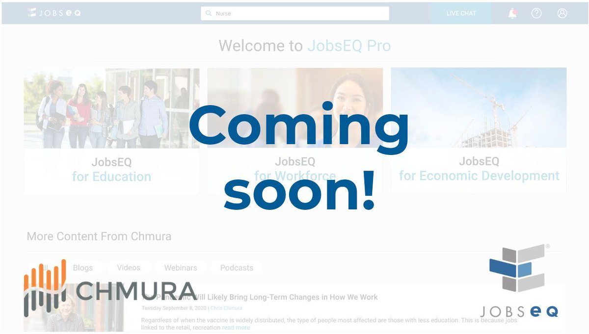 ChmuraEcon's tweet photo. Are you ready for JobsEQ to be even more user-friendly? We certainly are! The Chmura Team is excited to announce that in Q1 2021 we are updating JobsEQ’s design and releasing a series of new JobsEQ products! Everything you love about JobsEQ will stay. Stay tuned! https://t.co/S5oZPu3AYn