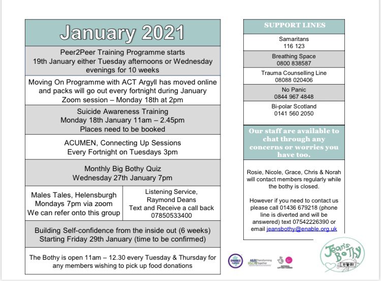 BothyJeans's tweet image. New Programme out for 2021! Lots of new opportunities as well as some regular favourites #wellbeingprogramme #MentalHealthMatters new members welcome!