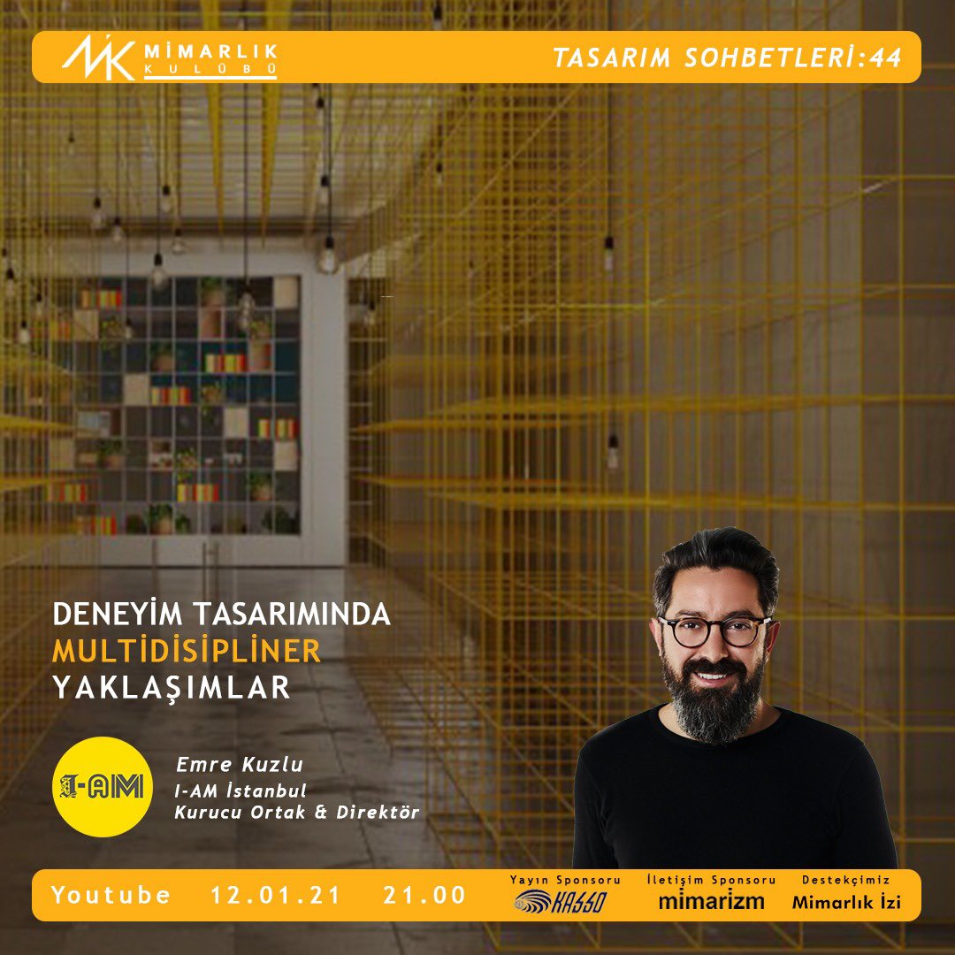 beumik's tweet photo. Tasarım sohbetlerimizin kırk dördüncüsünü @i_amistanbul İstanbul kurucu ortağı @emrekuzlu ile gerçekleştiriyoruz. Deneyim Tasarımında Multidisipliner Yaklaşımlar üzerine konuşacağımız sohbetimiz 12 Ocak 21.00’de Mimarlık İzi YouTube kanalında! https://t.co/fsuw2wTOg9