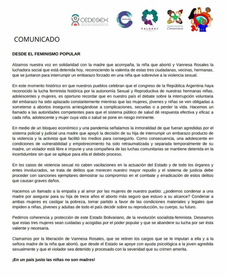 Clamamos por la libertad de Vannesa Rosales, privada de libertad por acompañar una interrupción de embarazo, producto de violación a una niña de 13 años. Acuerpamos a la niña y su madre que enfrenta hoy en día a una justicia patriarcal con el agresor en libertad.