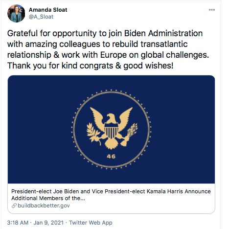 US President elect Joe Biden has deliberately signalled anti Macedonian thrust in his foreign policy by appointing to his team of experts Dr Amanda Sloat, responsible for drafting the Prespa Agreement which changed #Macedonia’s name &amp; erased its identity to satisfy Greek demands