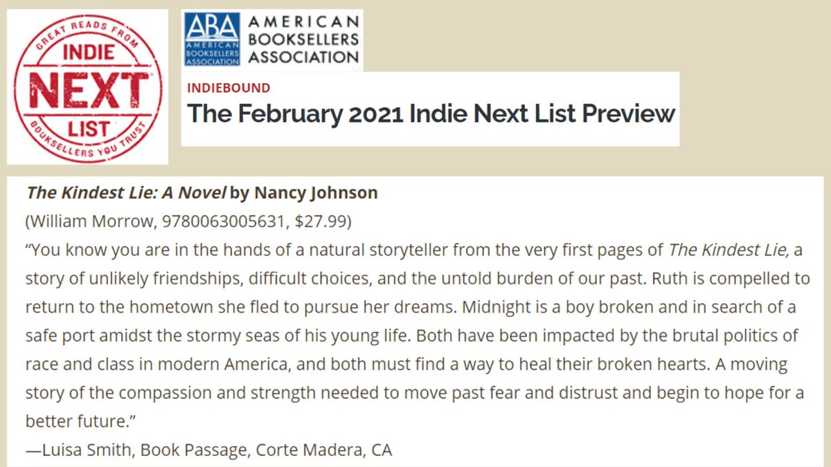 I'm honored that #TheKindestLie has been named one of the February #IndieNext picks! Huge thanks to all the booksellers who nominated my debut. 🙏🏿 Love these kind words from Luisa Smith @bookpassage. 
The full list: bit.ly/3osOltG
@ABAbook @WmMorrowBooks @HarperCollins