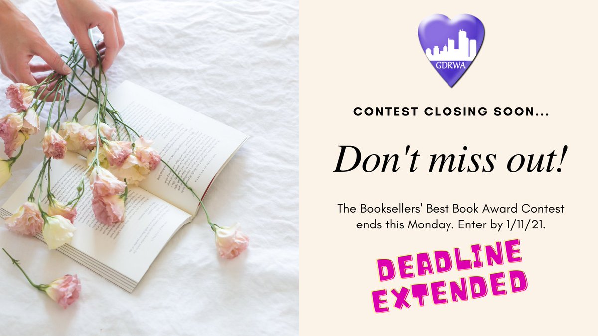 #Amwritingromance #bookcontest Our prestigious Booksellers' Best Book Award Contest for #publishedauthors closes for entries 1/11/21. FMI visit gdrwa.org/our-contest 
@PassionateInk @YA_RWA @romancewriters