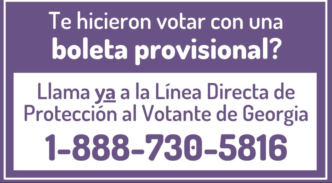 AllYall4GA's tweet photo. 🍑GA: Si te hicieron votar con una boleta provisional o tu boleta de voto por correo fue rechazada, ¡no esperes!

🗳️Tienes que dar unos pasos para que tu voto cuente: https://t.co/NoRPqLVop4

☎️Llama a la Línea de Protección al Votante de @GeorgiaDemocrat para ayuda: 888-730-5816 https://t.co/XqN0hiWojP