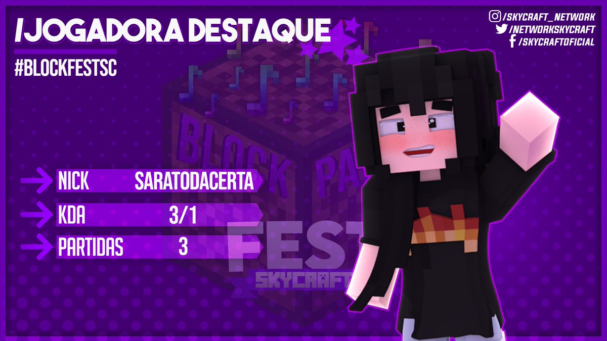 NetworkSkycraft's tweet photo. 👑 | E temos aqui nossa jogadora destaque da fase de pontos! Jogando pelo clã Pocoyo, saratodacerta, jogou 3 partidas, sendo uma delas sozinha e conquistou esse título. Parabéns, você merece!
| Acompanhe a #BlockFestSC todos os finais de semana em nosso YouTube. https://t.co/HAkbvpOyH9