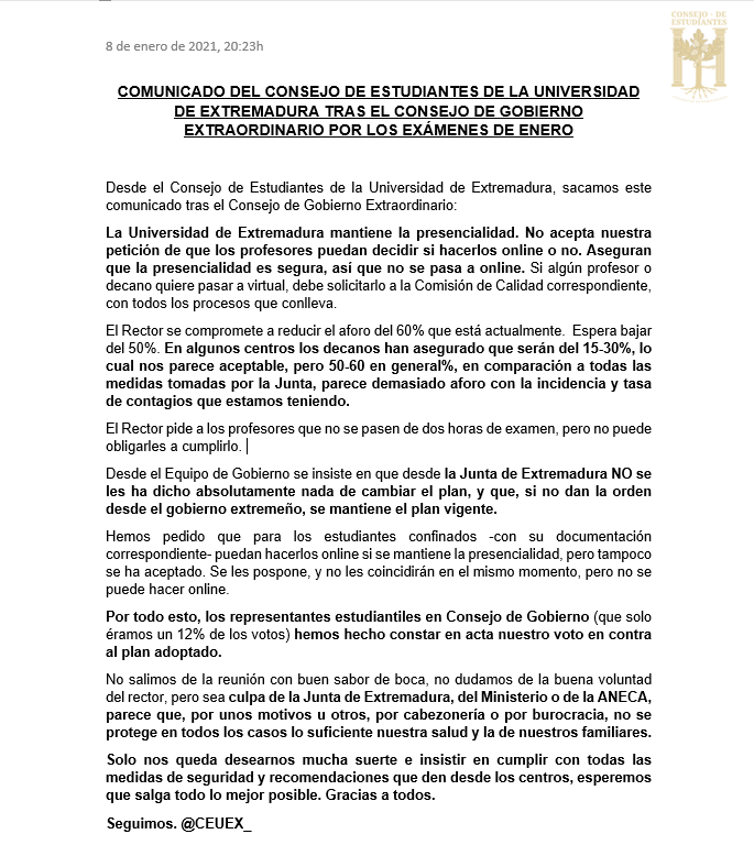 🔴COMUNICADO DEL CONSEJO DE ESTUDIANTES TRAS EL CONSEJO DE GOBIERNO EXTRAORDINARIO DE LA UEX 🔴