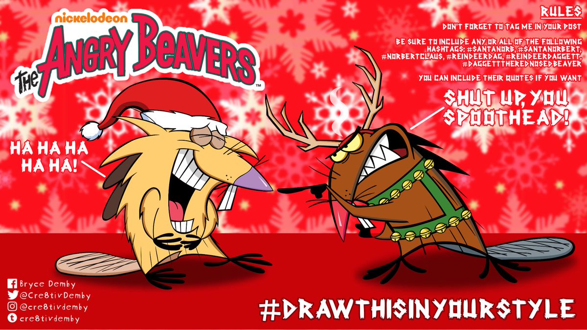 Cre8tivDemby's tweet photo. Miss the holidays? 🎅🏻🎄❄️⛄️🦌 Here’s fan art feat. The #AngryBeavers! 😡🦫🦫! This #drawthisinyourstyle is inspired by the art by @CJDandyflipper on DeviantArt: https://t.co/SlVcQoH0U7 #santanorb #santanorbert #norbertclaus #reindeerdag #reindeerdaggett #daggetttherednosedbeaver https://t.co/IkiLp5cBAf
