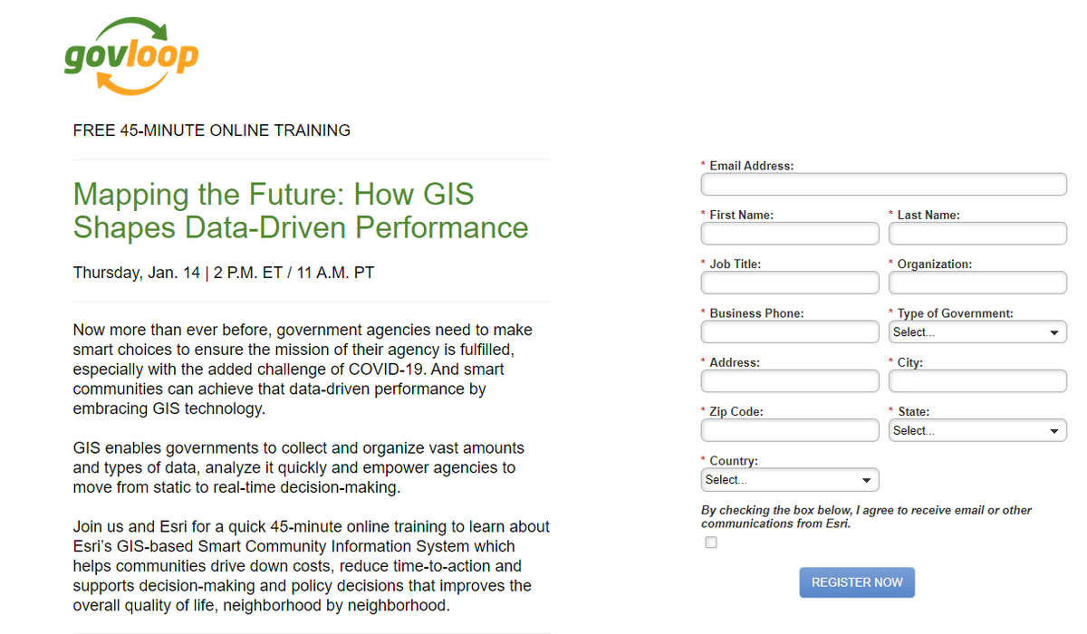 SpatialAce's tweet photo. Free 45-min training from #Esri & #Govloop on #Mapping the Future: How #GIS Shapes #DataDriven Performance on Jan. 14, 2021 @ 2PM Eastern
#govtech #statelocalIT #ArcGIS #map #spatial #geospatial #LI #smartcity #AI #ML #IoT #realtime #NLC #ICMA #NACo
https://t.co/rdNrfZjgJP https://t.co/2wkrv25IDj