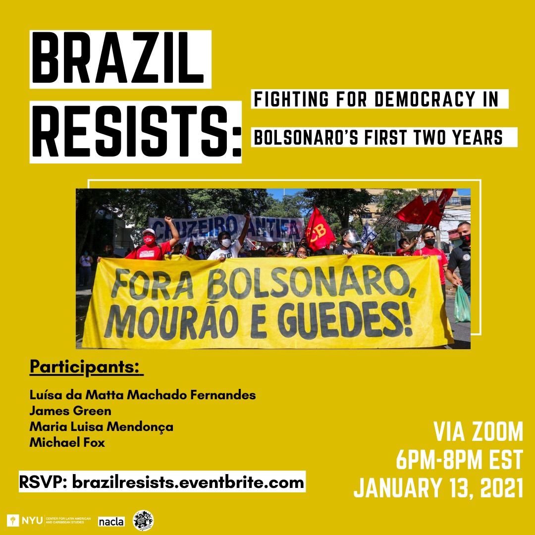 CPBD_LA's tweet photo. #BrazilResists: Fighting for Democracy in Bolsonaro's First Two Years - Jan 13, 6PM EST (20h BRT)
Register: https://t.co/NUGo3fvaWD via @BrazilDemocracy w
-@JamesNGreen @democracybrazil
-Maria Luisa Mendonca @Rede_SJDH
- Luísa Machado Fernandes, FIOCRUZ
- Journalist @mfox_us https://t.co/jPQyvsAMxh