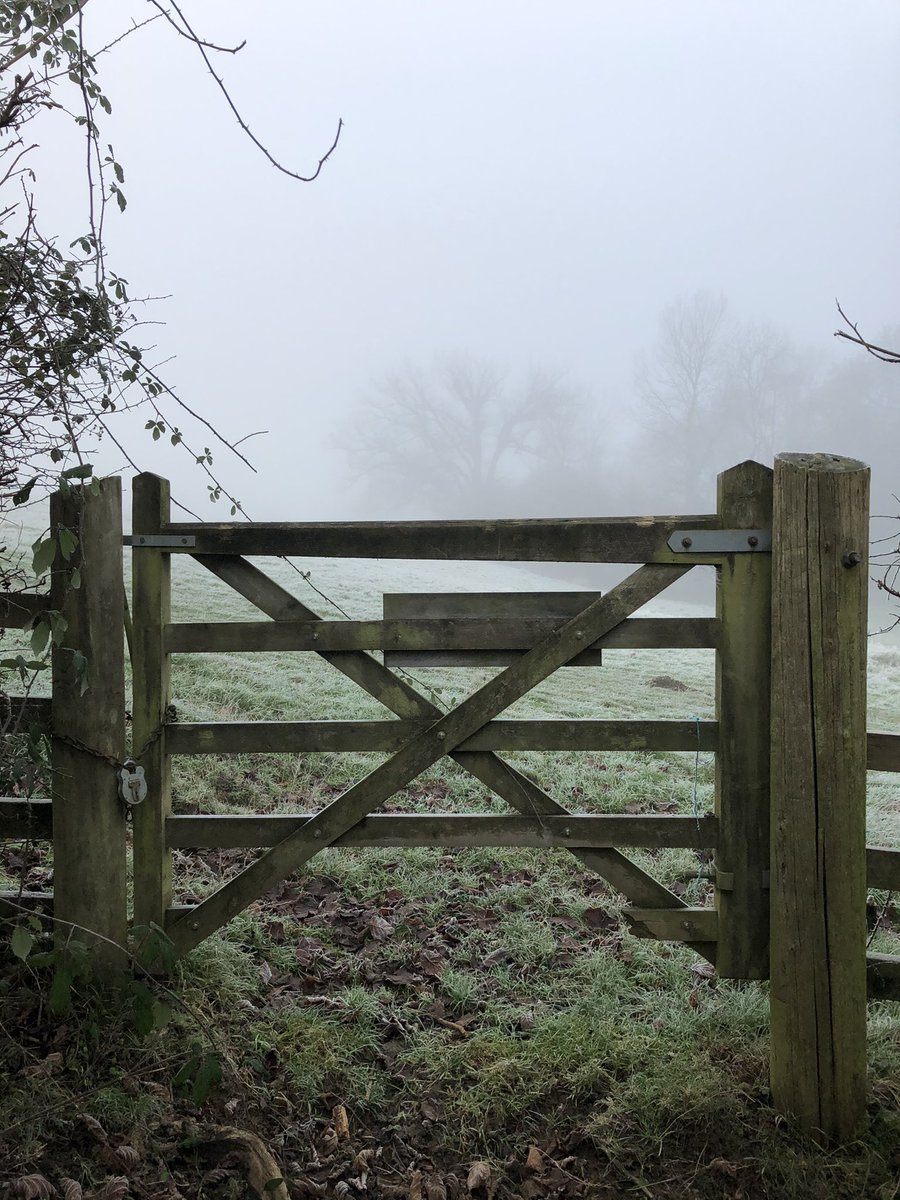 Shortcut across field to chained gate - but room to crawl underneath through frozen mud, having hidden in fog from 2 men and a vehicle who were burning cleared hedge stuff
