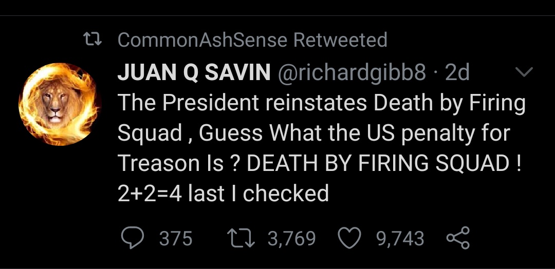 Second, the QAnon lady Ashli that got shot & killed was a veteran attacking her own government's capitol thus arguably shot for treason retweeted out about... people getting shot by firing squads for treason! Really! She also retweet joked about domestic terrorists! 3/5