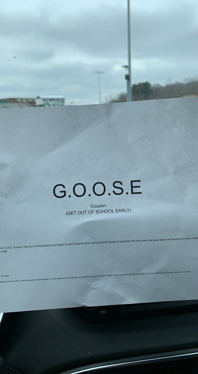 mrsboydmath's tweet photo. When you get to go home early on a Friday! Thanks for the GOOSE (Get out of school early) coupon @PrincipalCMill https://t.co/S3duQL5Tau