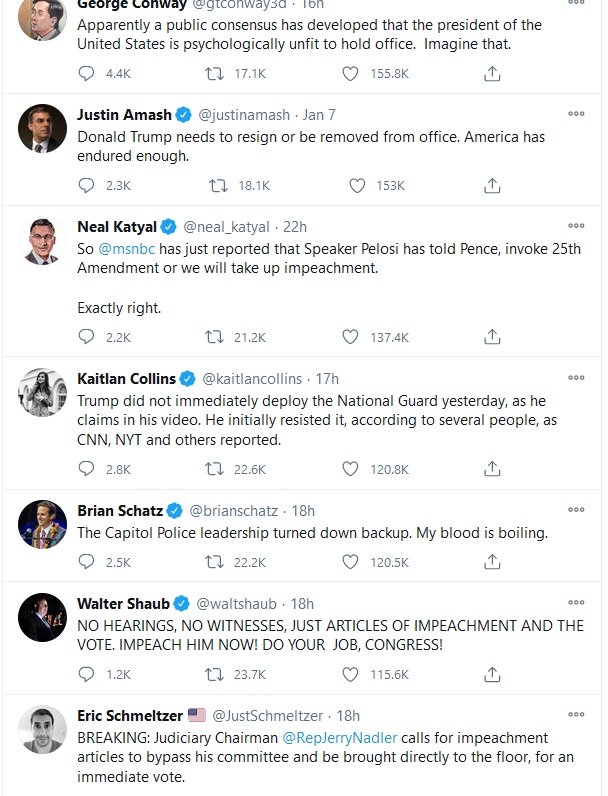 The hysteria has followed in media with threats to impeach and jail Trump and his family and to prosecute his followers.6/