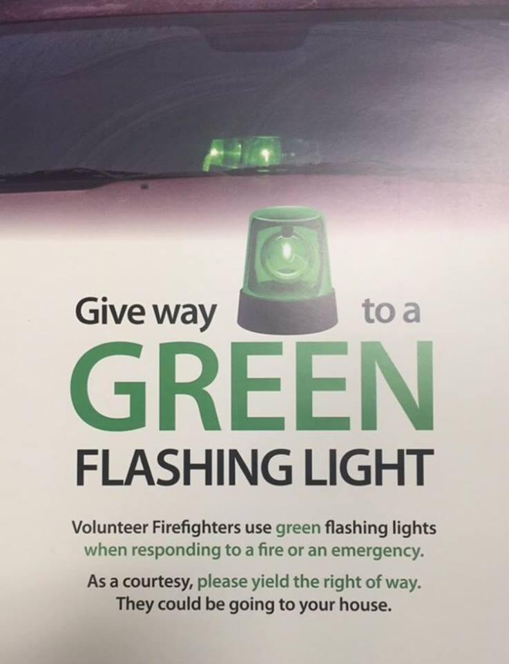 CentrWellington's tweet photo. When you see a vehicle with a green flashing light - please pull over! It's a volunteer firefighter responding to a call. By pulling over you allow the firefighter to get to the station quicker so that they can help someone in need. https://t.co/T1PuUbJt4q