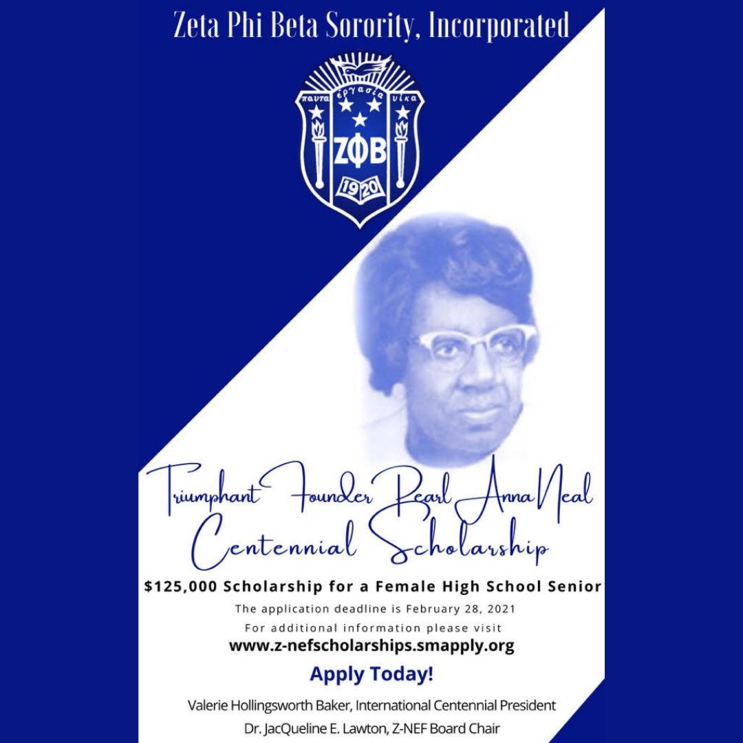 SCHOLARSHIP OPPORTUNITY! We are pleased to announce we will be giving away the Triumphant Founder Pearl Anna Neal Scholarship in the amount of $125,000 to a female high school senior! The application is due February 28th.

z-nefscholarships.smapply.org

#zetaphibeta #zphib #scholarship