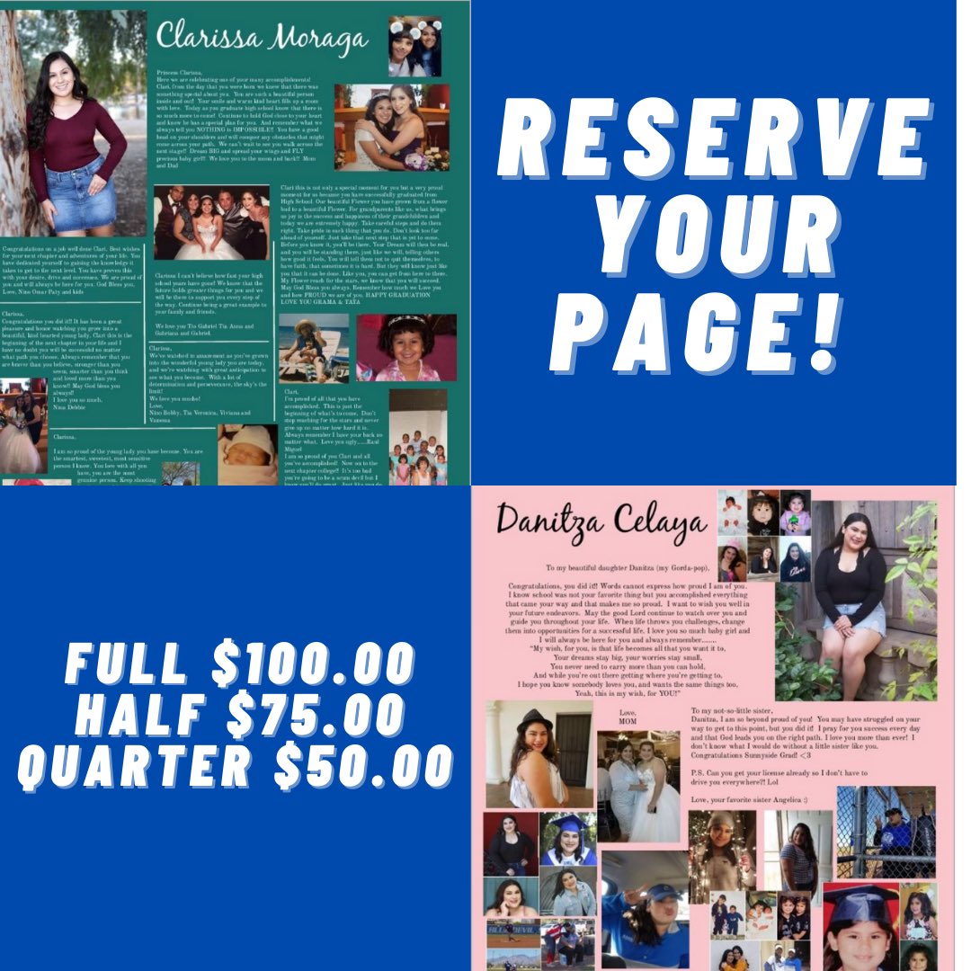 Don’t forget to reserve your page today. Senior pages are a way to congratulate you in finishing this big milestone in your life. You can purchase your page today in the book store. Check out our website for more detailed information link in our bio.