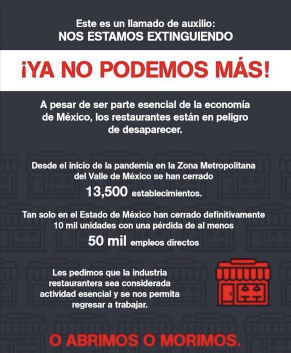#AbrirOMorir urge activar nuestro sector muchos negocios están cerrado definitivamente, miles de empleos se están perdiendo, si me ayudan con RT se los agradecería mucho <a href="/alfredodelmazo/">Alfredo Del Mazo</a> <a href="/GabyGamboa_S/">Gaby Gamboa</a>