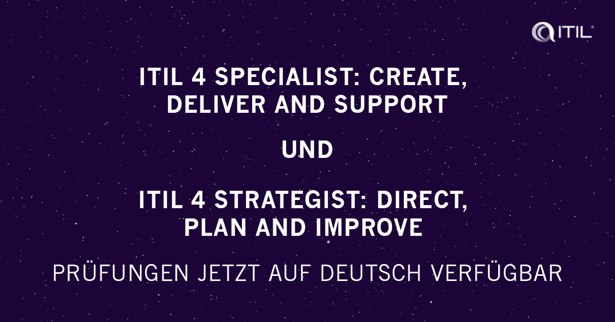 ‼️ Neue #ITIL4 Module auf Deutsch verfügbar ‼️ <a href="/AXELOS_GBP/">AXELOS Best Practice</a> launched 2 der insgesamt 4 Managing Professional Module auf Deutsch:  ITIL 4 Specialist: Create, Deliver and Support und ITIL 4 Strategist: Direct, Plan and Improve

Weitere Info: lnkd.in/gdCFirp