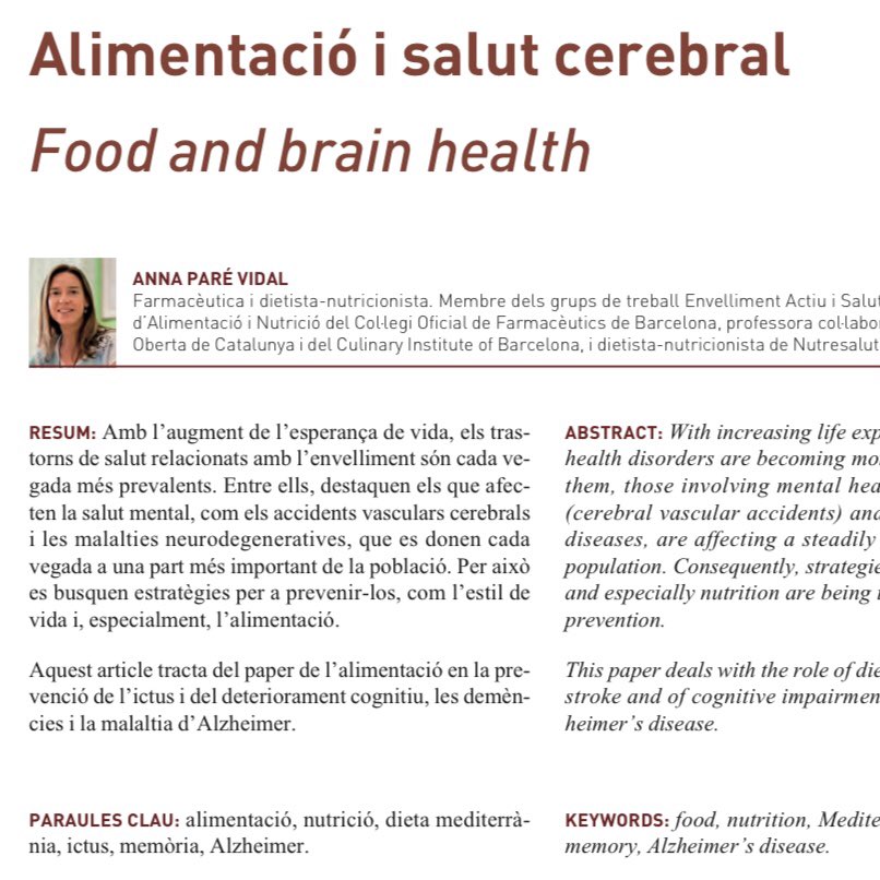 AnnaPareVidal's tweet photo. Alimentació en la prevenció de l’ictus i el deteriorament cognitiu 🧠, article per a la revista TECA de l’@ACCA_iec 
👉🏻 https://t.co/zC8Bgeg3XX
#ictus #demencia #Alzheimer https://t.co/z4oRpEC6rj