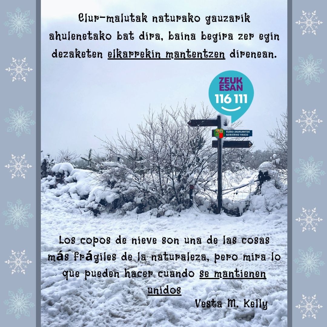Zeukesan's tweet photo. Elur-malutak bezalakoak gara, bakoitza desberdina eta berezia.
#Asteburu ona igaro dezazuela!
Somos como copos de nieve, cada cual diferente y especial.
¡Qué paséis buen fin de semana!
#findesemana #Hauhotza #Quefrio https://t.co/tz9VHHDKlQ