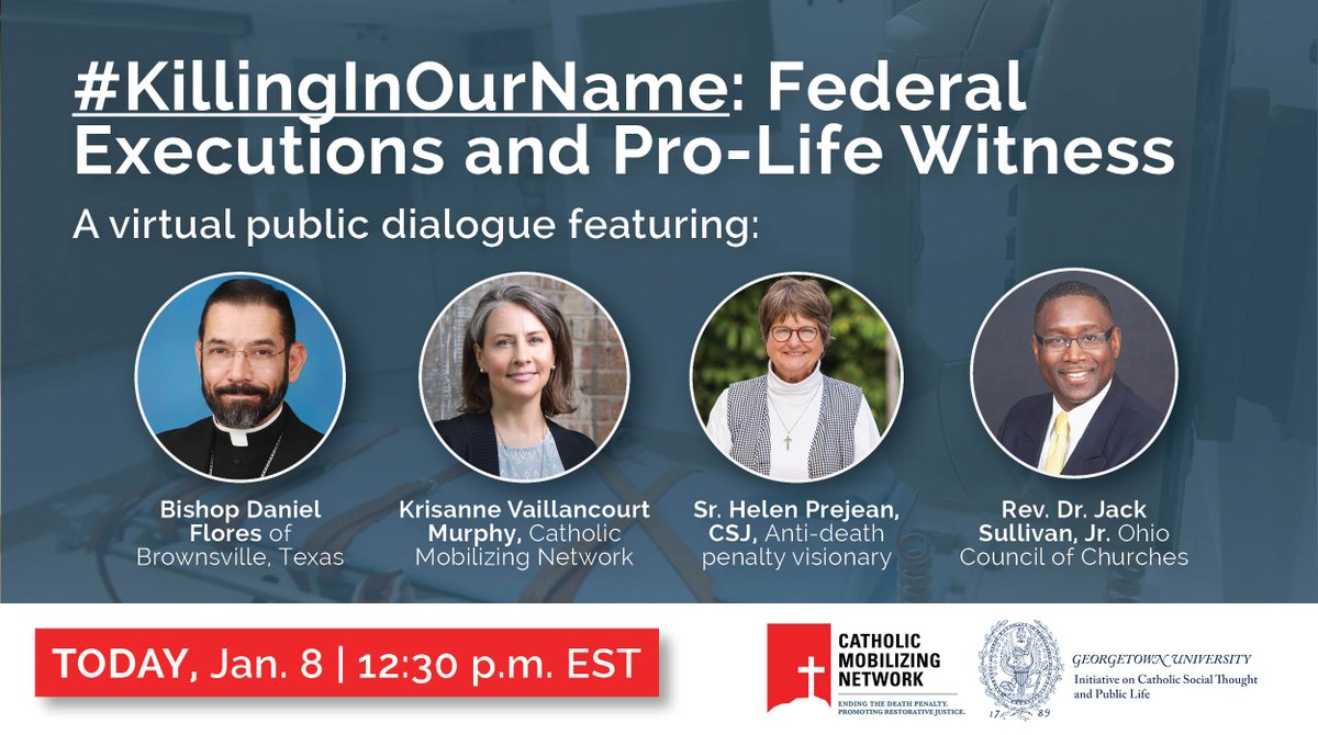 CMNEndtheDP's tweet photo. Tune in TODAY at 12:30 p.m. EST for #KillingInOurName, a virtual public dialogue on federal executions and pro-life witness.
Featuring: @bpdflores, @KrisanneVMurphy, @helenprejean, and Rev. Dr. Jack Sullivan, Jr. of @ChurchesOhio
๐ป LINK TO JOIN: https://t.co/0tv4geooz4 https://t.co/WjxX7eJi0r