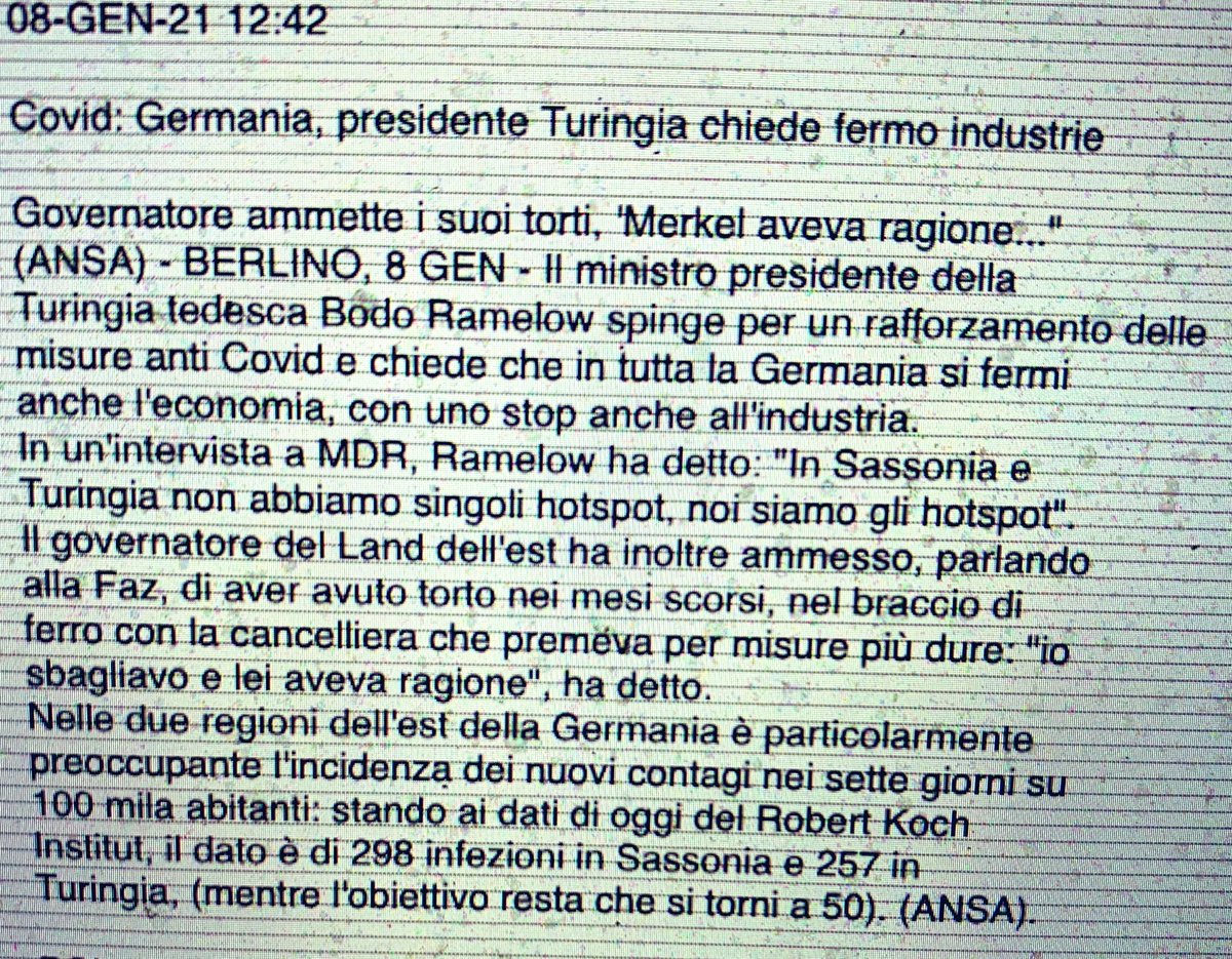 Nella famigerata Germania capita persino che un presidente di Land ammetta “Merkel aveva ragione e io torto”. Ma capisco. Bisogna avercela, una Merkel di fronte, per indursi ad ammettere errori. Con Conte, scaricabarile lui scaricabarile tutti...