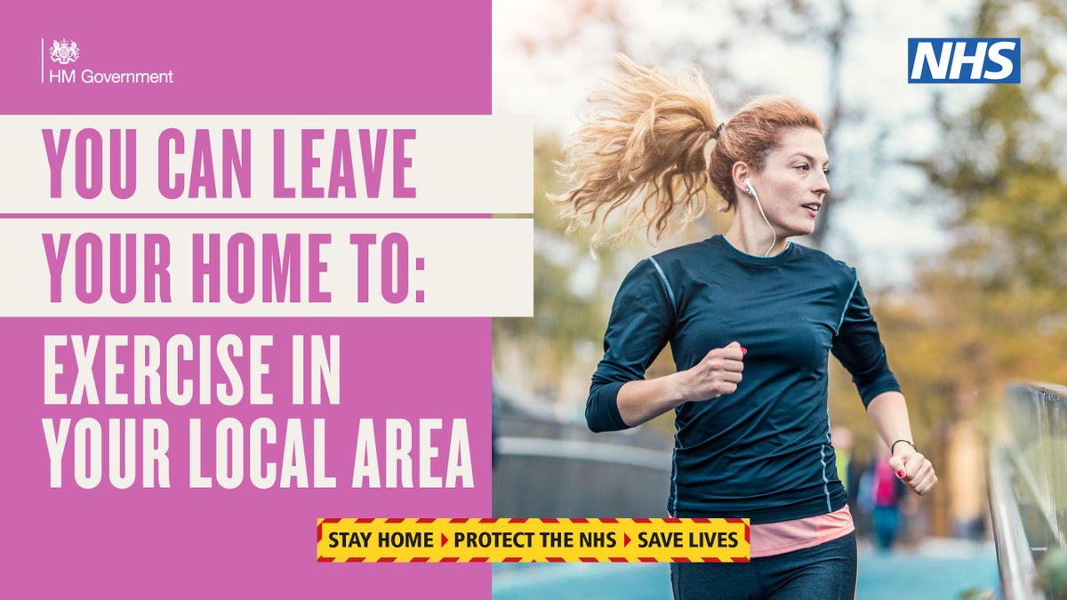 You can leave your home to exercise on your own, with your household (or support bubble) or one other person.

This should be limited to once per day, and you should not travel outside your local area.

➡️ gov.uk/guidance/natio…