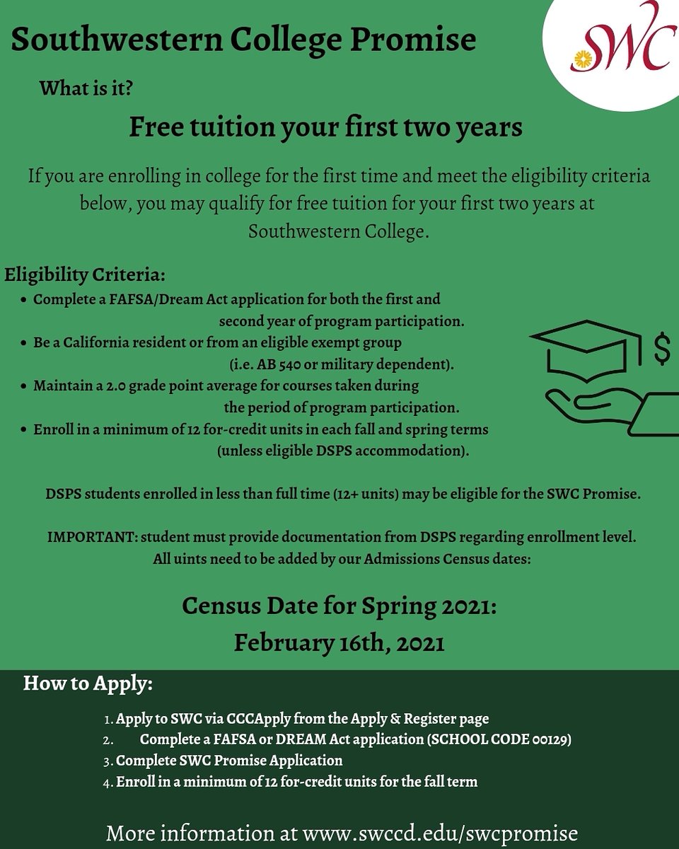 swc_hecsy's tweet image. Is this your first year enrolling at @southwesterncollege ? You may qualify for Southwestern College Promise! See post for details. 💰