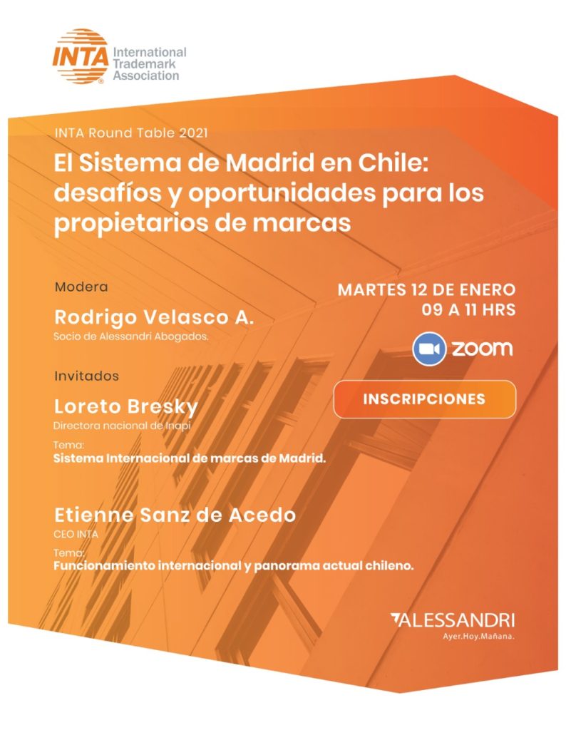 velascodechile's tweet image. Martes 12 de enero -&amp;gt; Adhesión de Chile al #ProtocolodeMadrid: el Sistema de #Marcas Internacionales de @WIPO y sus implicancias para las empresas. Junto a la Directora Nacional de @inapichile @lbresky y al CEO de @INTA Etienne Sanz @AlessandriLegal  #trademarks #madridprotocol