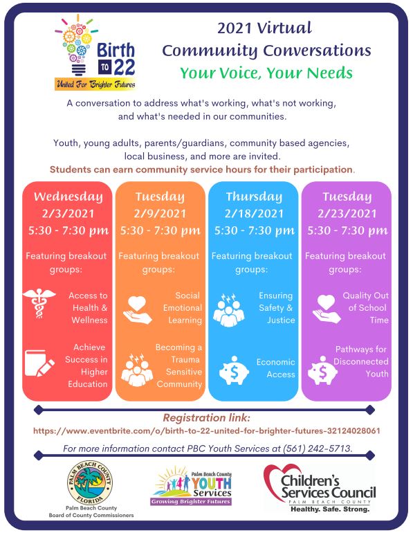 birthto22's tweet photo. We want to hear from you! Youth, parents/guardians, community based agencies, and more!

Join in on the conversation to help shape the future of Palm Beach County by diving deep to ensure your interest are at the forefront on the conversation.

Register: https://t.co/EZBHghUFQA. https://t.co/fBXT17Nv4M