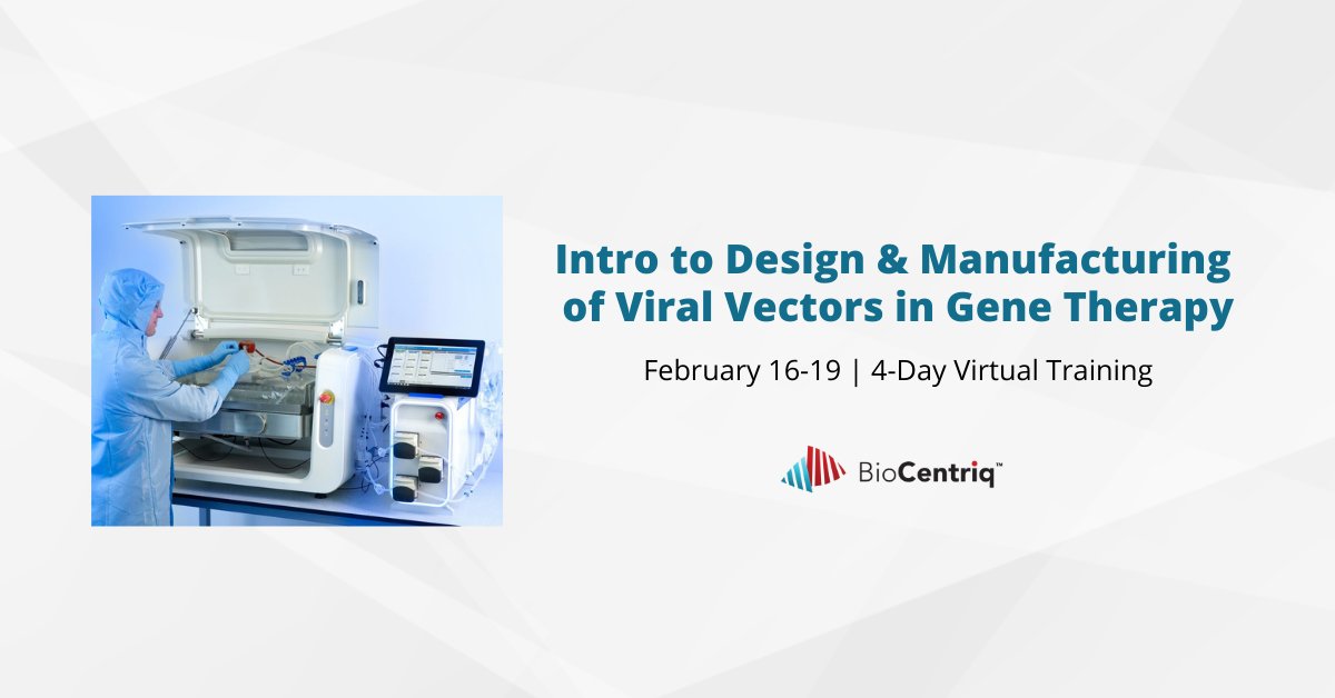 NewJerseyII's tweet photo. #BioCentriq's Introduction to Design & Manufacturing of Viral Vectors for Gene Therapy course is running again from 1-4pm Feb 16-19. Online, instructor-led, highly interactive! Learn more and register today. Spots are limited! #genetherapy, #viralvectors, https://t.co/nTFxKgvjg0 https://t.co/Fw51QaB8FG