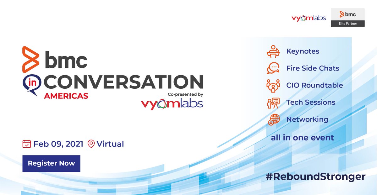 vyomlabs's tweet photo. The wait is over !!! Let's gather virtually at #BMCInConversation - Americas, a virtual event powered by Vyom Labs to identify opportunities when challenges and changes are combined in a new world environment.
Join us at the event!
Register today - https://t.co/PrivTXi2K4 https://t.co/jpCkd5ZbET