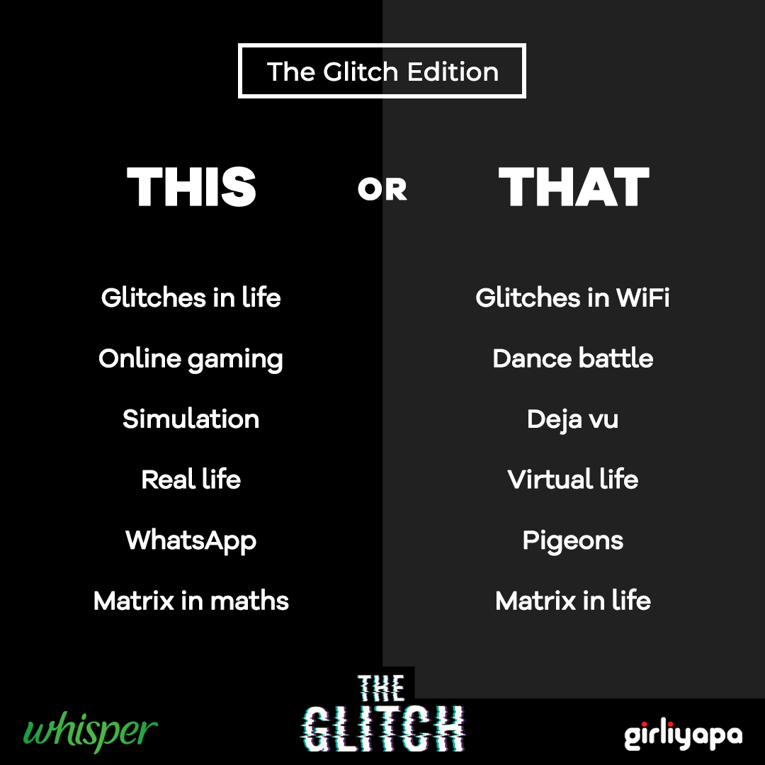 So, this or that?
Comment below.
Binge watch, The Glitch now: https://t.co/aHhRJMIq5f
#TheGlitch #GlitchesInLife #Glitches https://t.co/KOSiDOpcua