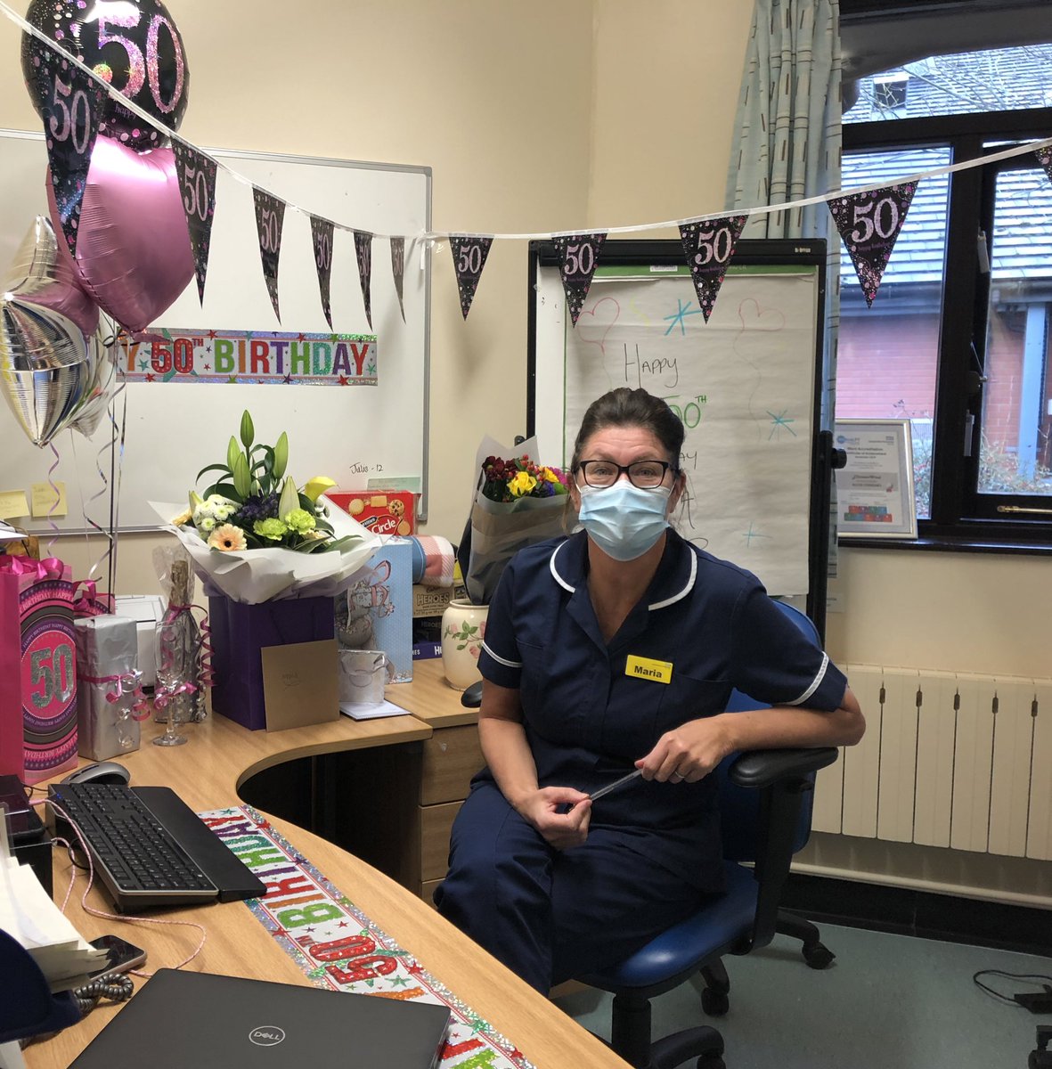 SURPRISE 🎉  so today we surprised our wonderful ward manager @leawarden Maria  who should have been celebrating her 50th birthday in NewYork 
we just wanted to show how much we care & appreciate her ❤️ Team Ellistown xxx 
#makingadifference #wellbeing #happy50thbirthday  🥳🥂🍾