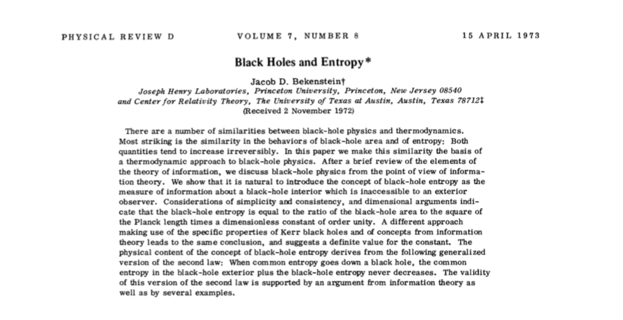 Around the same time (the paper was submitted in November 1972 and appeared in April 1973) Jacob Bekenstein suggested that perhaps it was more than an analogy. Maybe black holes really are thermodynamic objects with temperature and entropy! https://journals.aps.org/prd/abstract/10.1103/PhysRevD.7.2333