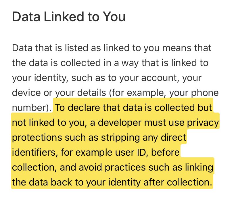 Apple also includes “Data Not Linked to You” in its privacy labels.Signal, for example, uses phone numbers but they’re not listed under “Data Linked to You”.This is what that means. https://support.apple.com/en-gb/HT211970 