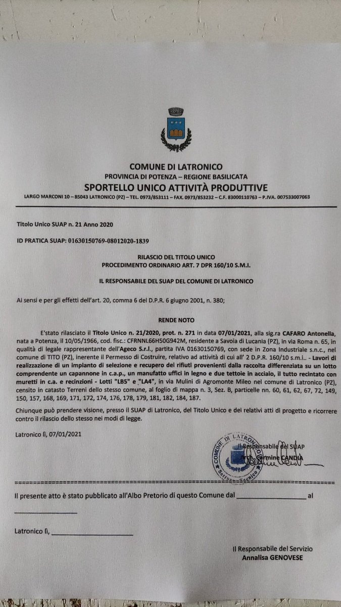 NoRifiuti's tweet photo. Dopo l' #Epifania che tutte le feste porta via.. il @ComuneLatronico rilascia il permesso a costruire  ad Ageco per il capannone  dell'impianto di selezione #rifiuti nell'area Pip dei Mulini, vero cruccio dell'amministrazione @FaustoDeMaria. Vergogna! #ambiente #paesaggio #futuro https://t.co/54b0Jgb17S