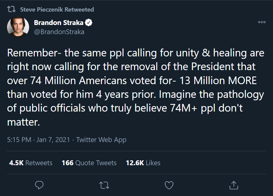 THINK: If Democrats are willing to CANCEL POTUS' 74M Votes - what will they do to us who voted for POTUS once he's out of the way?74M American Voters Declared CANCELLED.Think about what this means. https://twitter.com/BrandonStraka/status/1347305848444506112