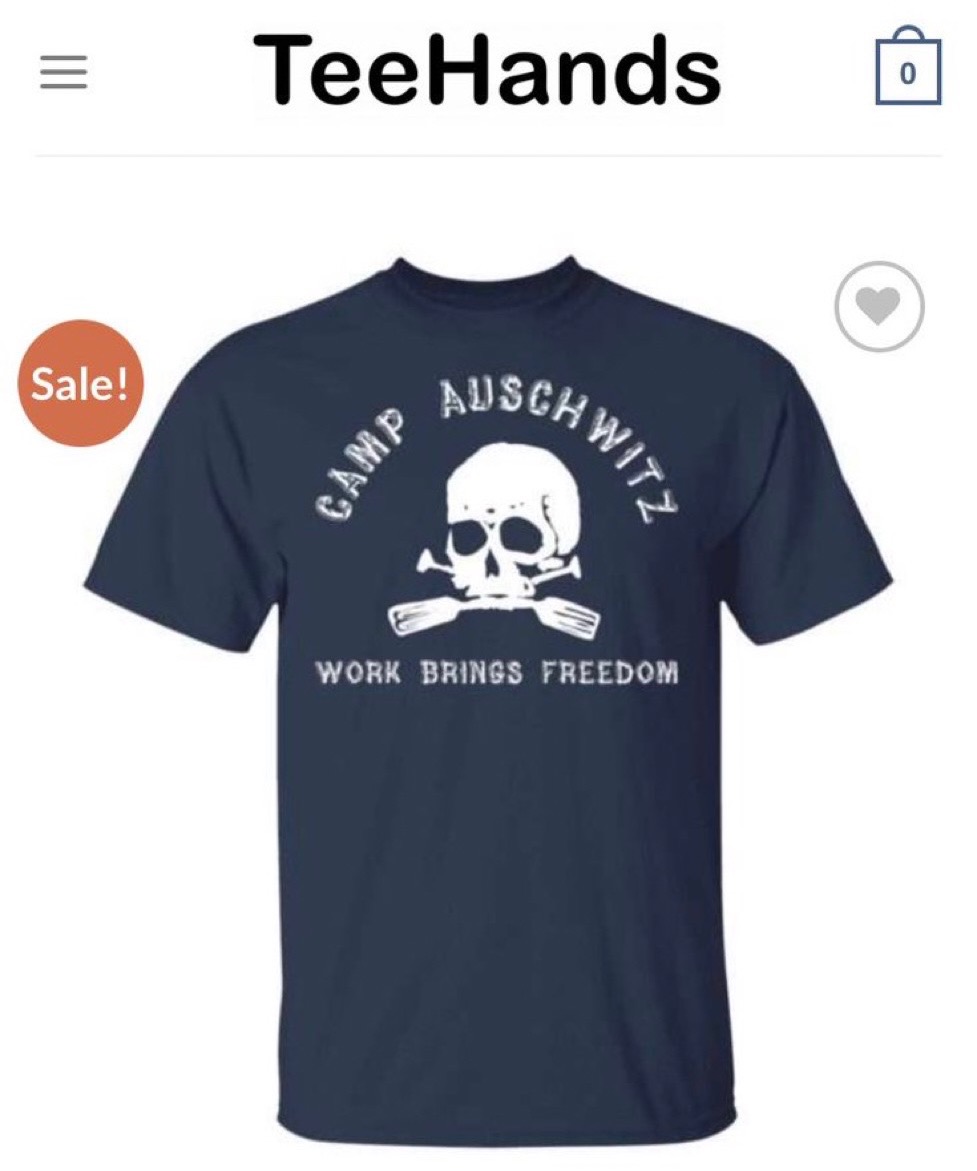 StopAntisemites's tweet photo. OUTRAGEOUS - New York based online retailer 'Teehands' is now monetizing on the neo-nazi shirt one of the men storming #CapitalHill  on Wednesday.

PLEASE email contact@teehands.com and demand all itemizing profiting from mass genocide are removed! https://t.co/HPEa8LNt8X