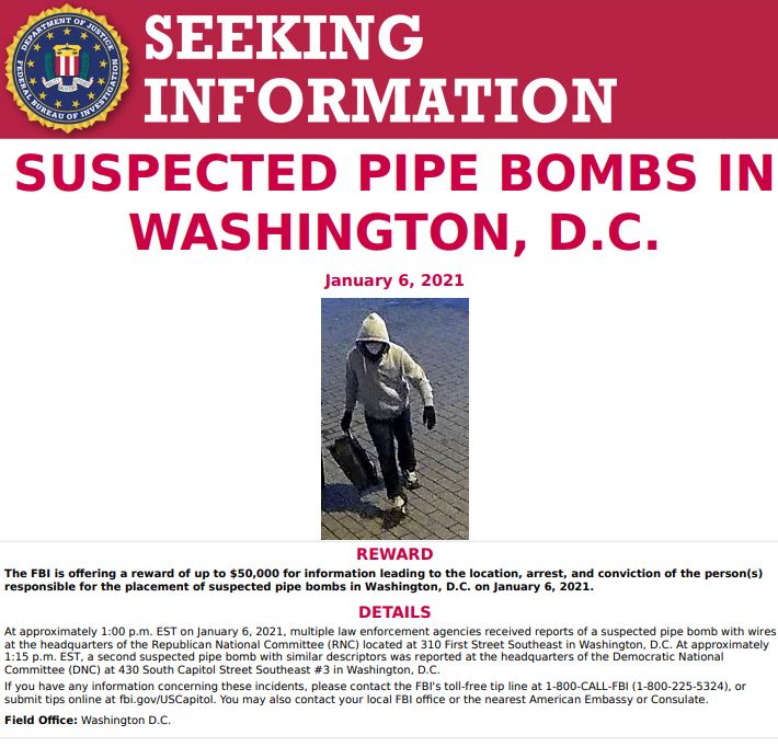 The @FBIWFO is seeking assistance in locating and identifying a suspect responsible for the pipe bombs found in DC on January 6. Reward of up to $50k. Have info? Call 1-800-CALL-FBI or visit fbi.gov/USCapitol. ow.ly/Nxji50D2Z9N