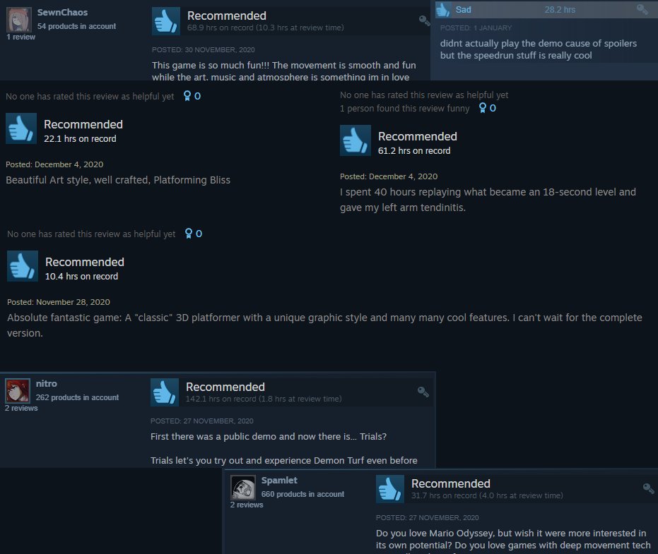 These incredible people started putting in 20, 30, 50, 100+ hours into the demo. (A demo with only three main levels and one weekly trials, mind you!) And started uncovering bugs! Or managed to abuse gameplay combo's in a game breaking way! (6/11)