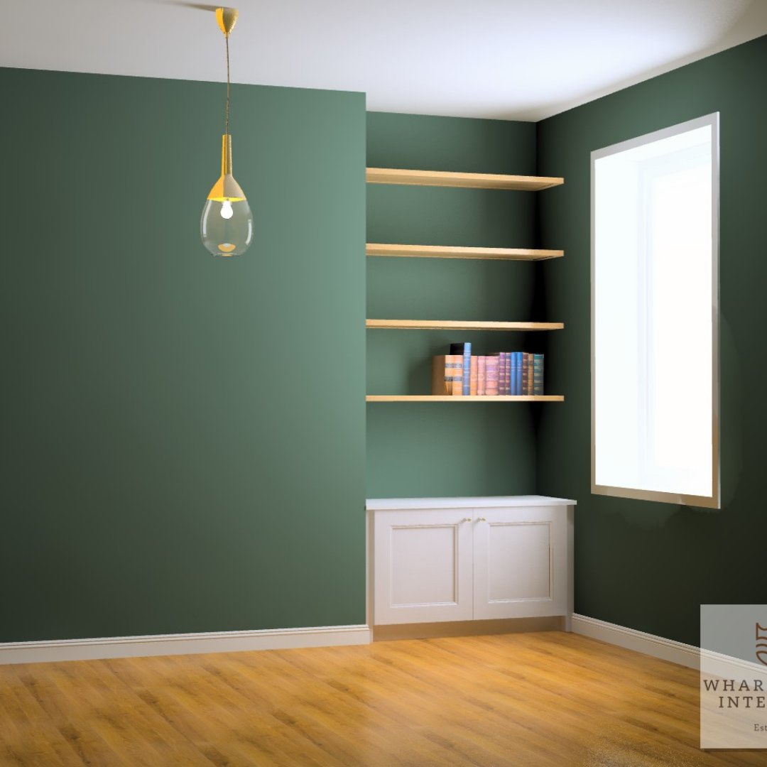 A great example of how to best utilise a narrow alcove space. We have a double shaker style cupboard with bespoke oak shelves. Love the way these complement the heritage green paint colour from @FarrowandBall 

#wharfedaledifference #wharfedaleinteriors #fittedfurniture